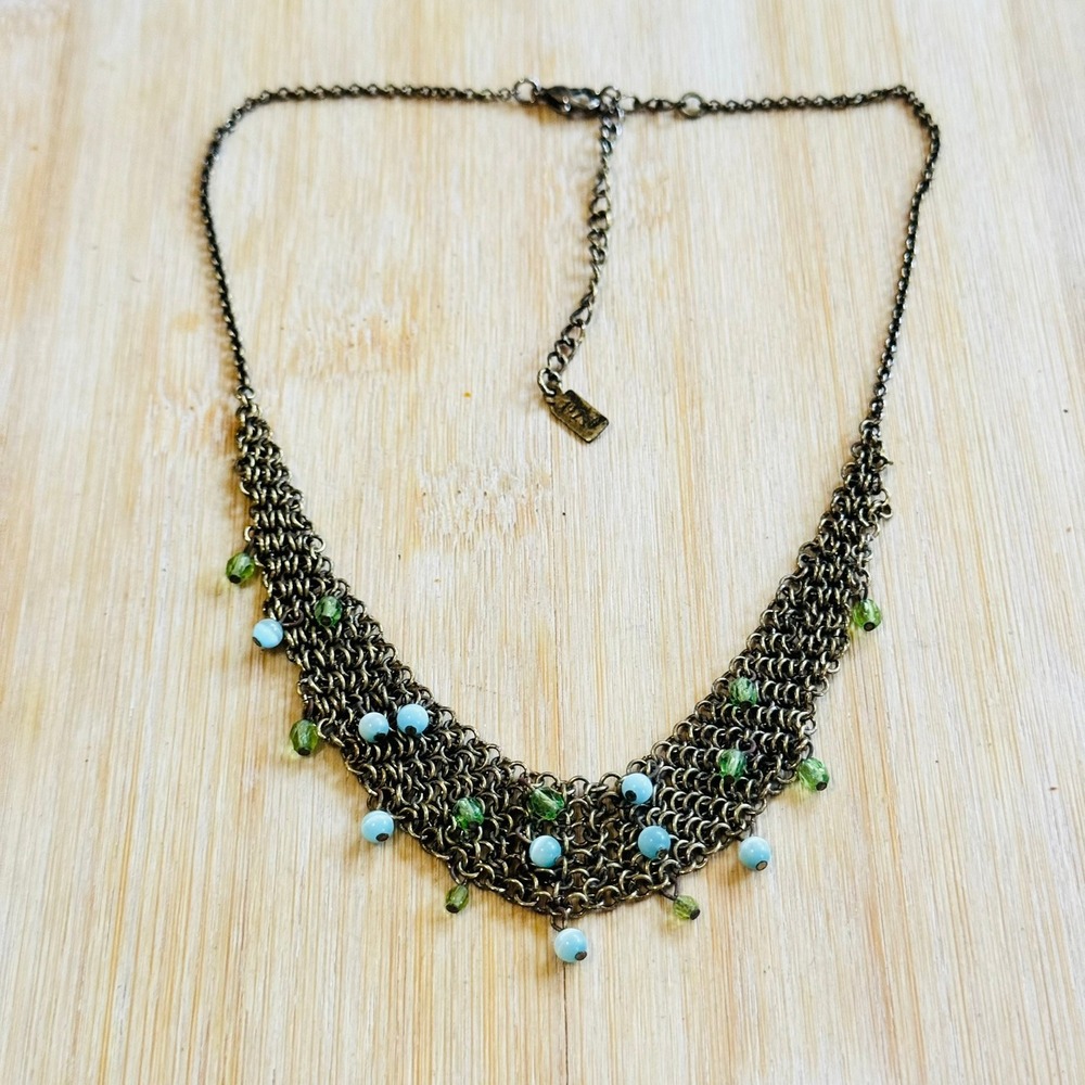 Victorian Style Necklace VTG 1928 Co Mesh Glass Beads Gold Regency Art Deco 19" - Picture 2 of 6